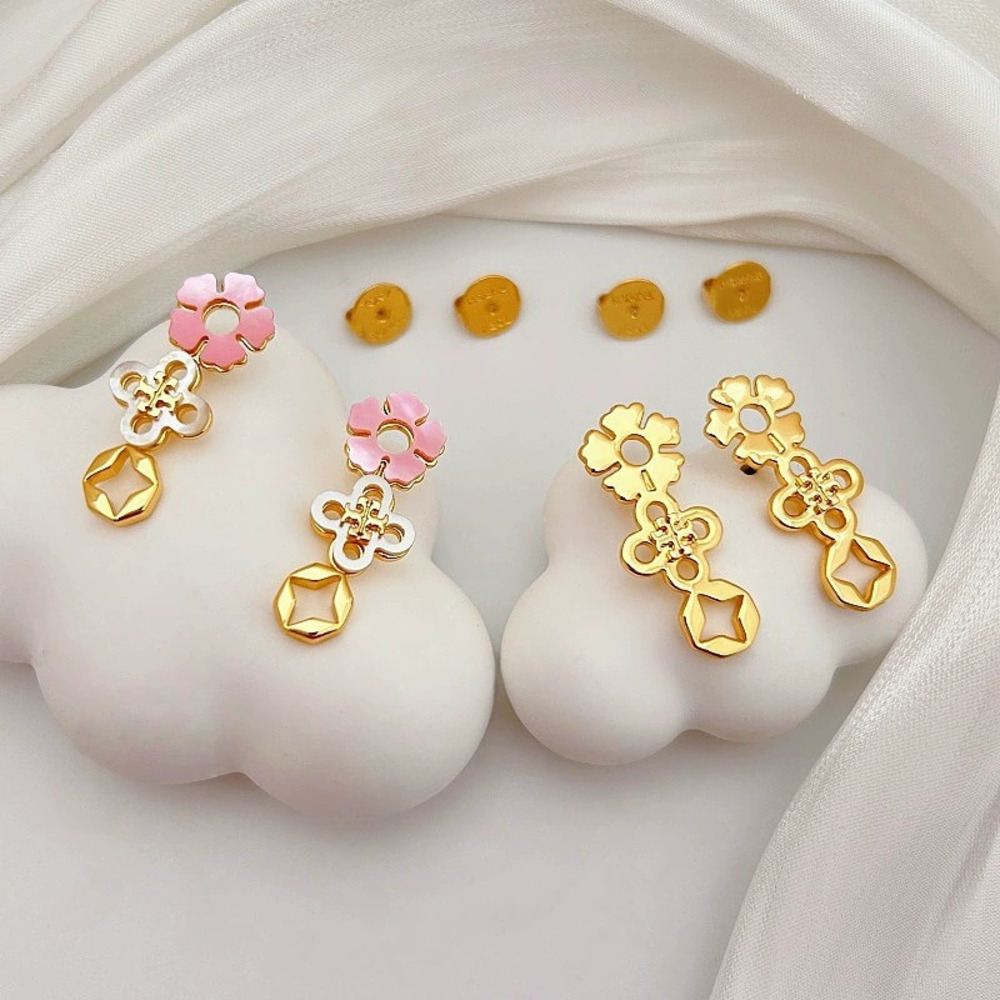 Tory Burch Letter Flower 4 Leaf Clover Shell Inlay Stud Earrings